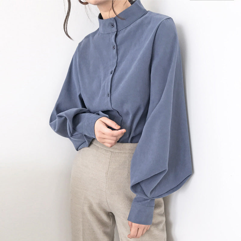 Stand-up collar single-breasted lantern sleeve shirt