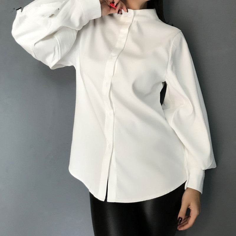 Stand-up collar single-breasted lantern sleeve shirt