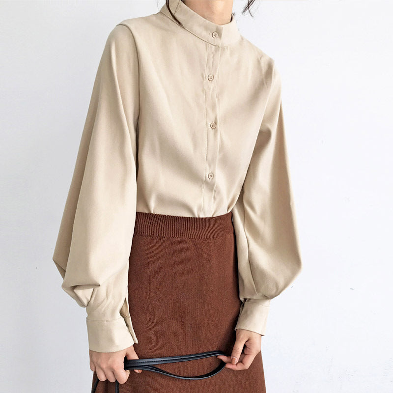 Stand-up collar single-breasted lantern sleeve shirt