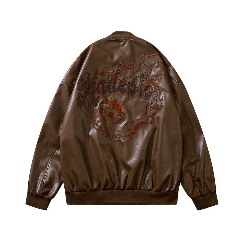 PU Faux Leather Loose Baseball Jacket For Men And Women