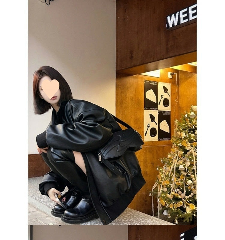 American Retro High-grade Black Leather Jacket Coat Women