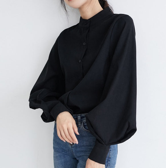 Stand-up collar single-breasted lantern sleeve shirt