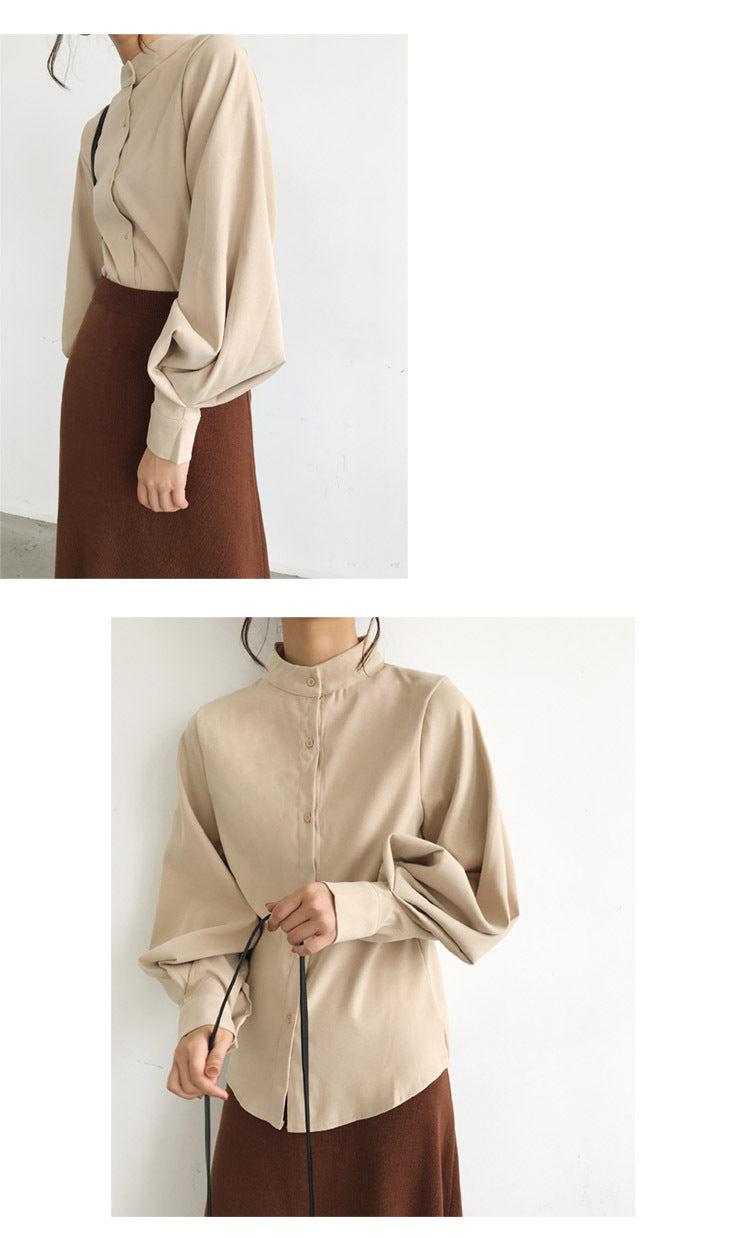 Stand-up collar single-breasted lantern sleeve shirt