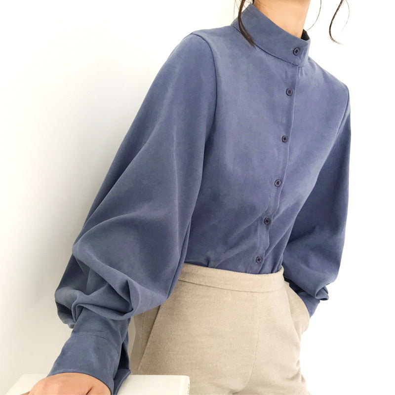 Stand-up collar single-breasted lantern sleeve shirt