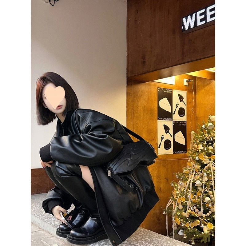 American Retro High-grade Black Leather Jacket Coat Women