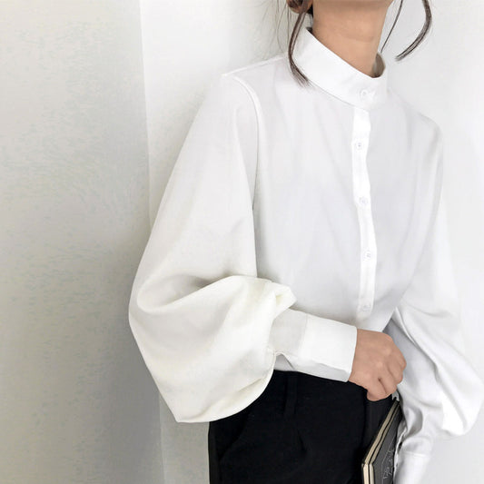 Stand-up collar single-breasted lantern sleeve shirt