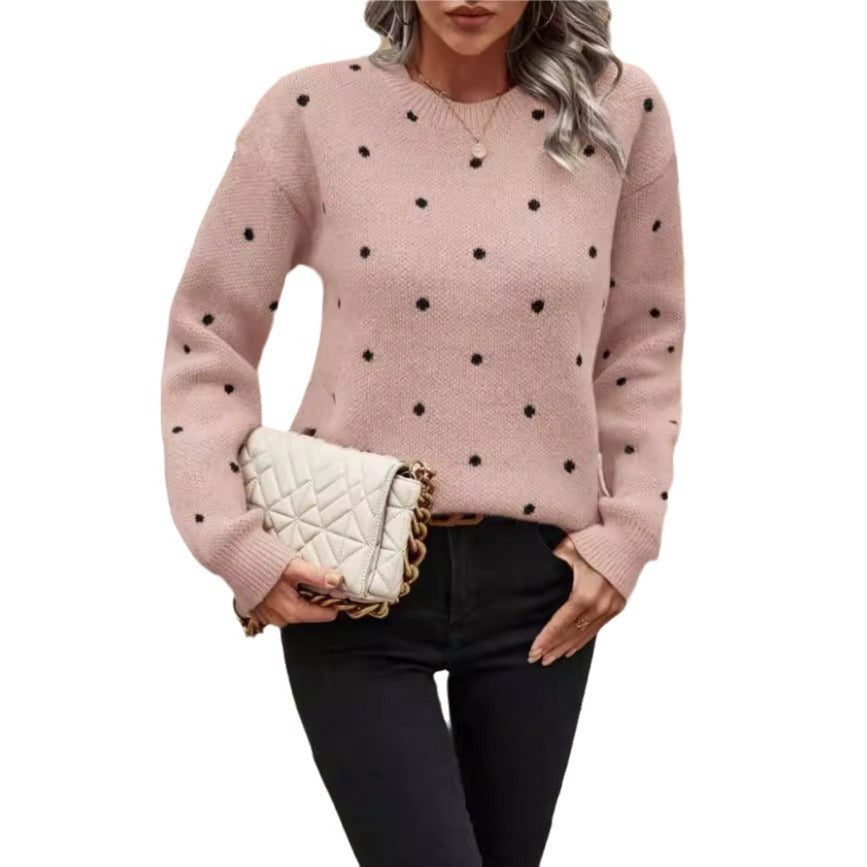 Ins Polka Dot Print Pullover Sweater Fashion Casual Long-sleeved Jacquard Knitted Top Winter Round Neck Clothing For Women