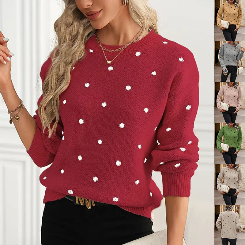 Ins Polka Dot Print Pullover Sweater Fashion Casual Long-sleeved Jacquard Knitted Top Winter Round Neck Clothing For Women